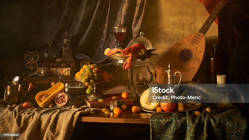 Still life with lobster A classic still-life in the Dutch old masters painting style with lobster, fruits on a silver, platter, silver carafe. old books , glass of wine, hunting horn and guitar lute . Painting - Art Product Stock Photo