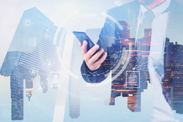 istock Man with phone in city, HUD business interface 1170386198