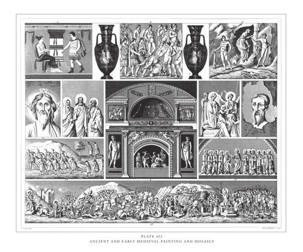 starożytny i wczesnośredniowiecznym malarstwo i mozaiki rycerowanie antyczne ilustracje, opublikowany 1851 - mosaic ancient greek culture greek mythology stock illustrations