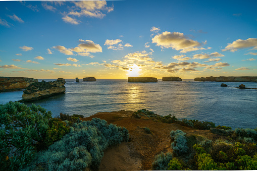 panorama of sunset at bay of islands, great ocean road, victory, australia