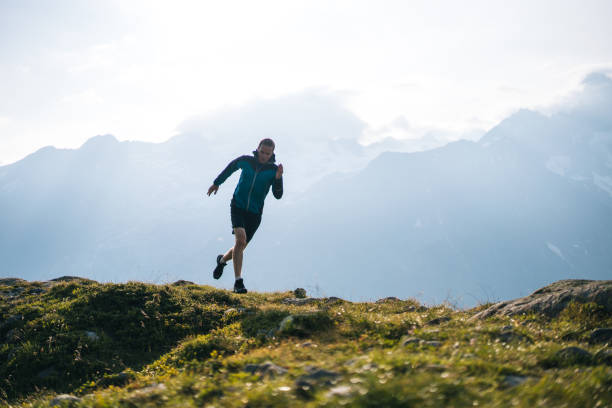 istock Trail runner bounds along mountain meadow in the morning 1170398754