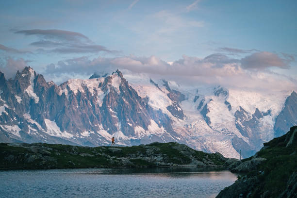 Alpine glow on the peaks behind