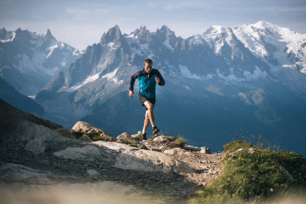 trail runner bounds along mountain meadow in the morning - france european alps landscape meadow imagens e fotografias de stock