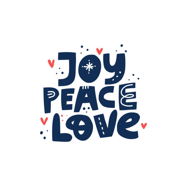 Joy Peace Love hand drawn vector lettering Joy Peace Love hand drawn vector lettering. Positive slogan. Hand lettered quote. Scandinavian style typography. Motivational and inspirational phrase. Poster, banner, greeting card design element holiday card stock illustrations