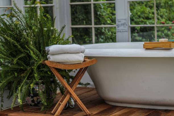 istock Garden bath tub with plants and fresh towels 1170403613