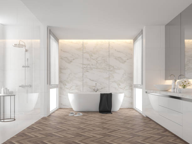 istock Luxury bathroom with white marble backdrop walls 3d render 1170405776