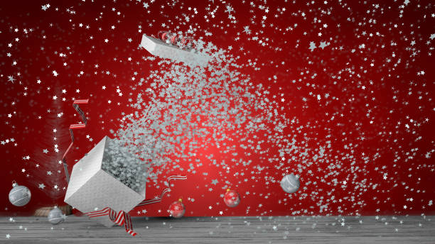 istock White gift box with red ribbon exploding inside a large number of white stars, the box lid flies out. The box is on a gray wooden floor with decorative balls on the floor. 3D Illustration 1170405823