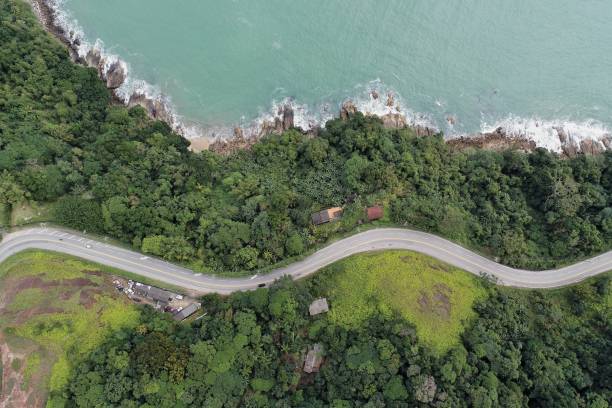 vue aérienne de rio santos road, près de la plage de boiçucanga, côte nord de sao paulo, brésil. grand paysage. - sao sebastiao photos et images de collection