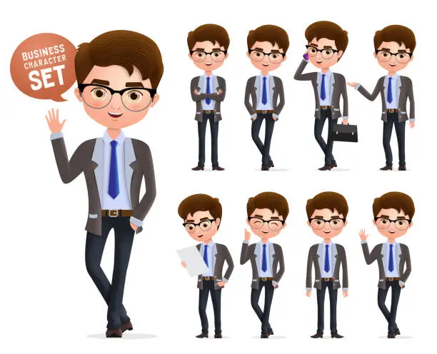 Vector illustration of Business man vector character set. Male business characters happy standing, talking and waiving hand and in different pose.