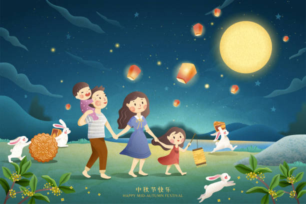 симпатичный середине осени фестиваль плакат - sky lantern stock illustrations