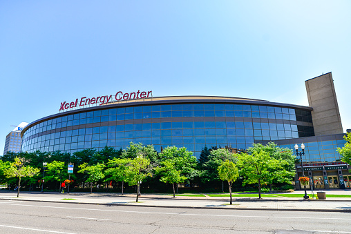 St. Paul, United States - August 17, 2019: Xcel Energy Center Arena exterior located in downtown St. Paul, Minnesota. The Xcel Energy Center is a multi-purpose arena home to the Minnesota Wild NHL hockey team.