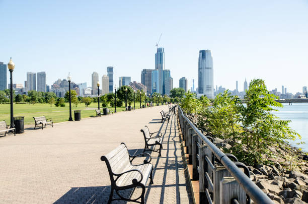 istock Series of benches in Liberty State Park 1170419445