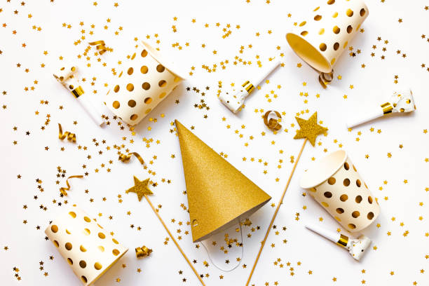 istock Celebration background - party accessories in golden colors. 1170420730