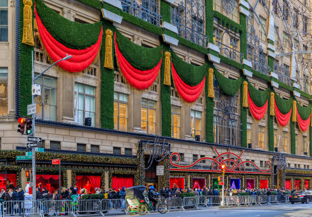 Christmas Decorations Red Ribbons Wreaths And Lights On The Flagship Saks Fifth  Avenue Store In Manhattan New York Usa Stock Photo - Download Image Now -  iStock