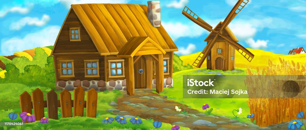 Cartoon Farm Scene Of Traditional Village With Castle In The Background  Stock Illustration - Download Image Now - iStock
