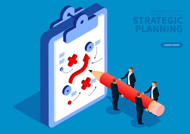 ilustrações, clipart, desenhos animados e ícones de a equipe do negócio desenha o plano estratégico - estrategia