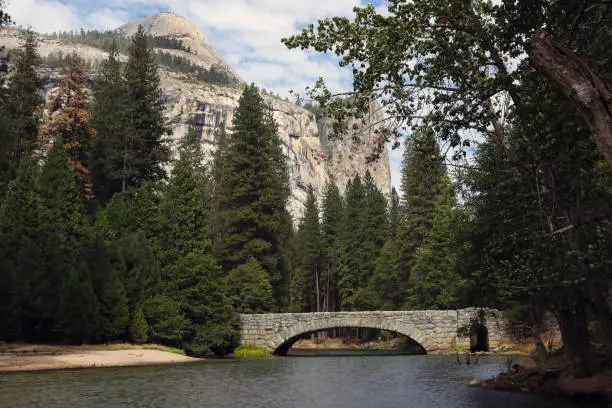 Stoneman Bridge in Yosemite National Park with El Capitan Mountain in the background.