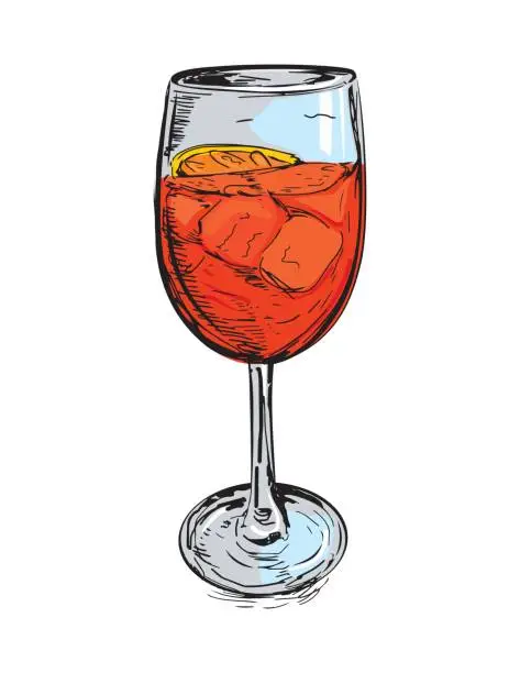 Vector illustration of Vector hand drawn illustration of Spritz cocktail. Summer drink aperitif. Orange liqueur, sparkling wine, soda water, orange fruit. Alcoholic classic bar beverage.