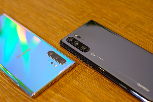 AMSTERDAM, AUGUST 2, 2019 - Newly launched Samsung Galaxy Note 10+  smartphone is displayed for editorial purposes alongside Huawei P30 Pro