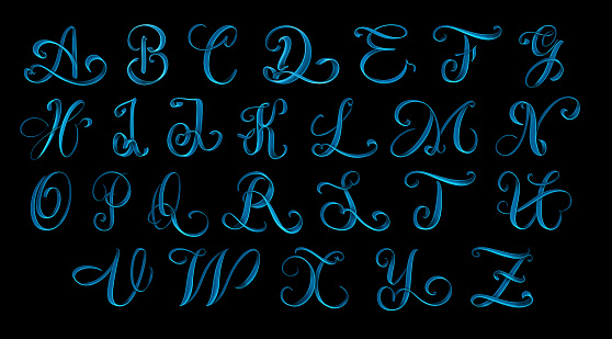 Alfabeto completo de letras mayúsculas dibujados a mano letras aisladas sobre fondo negro - ilustración 3d photo