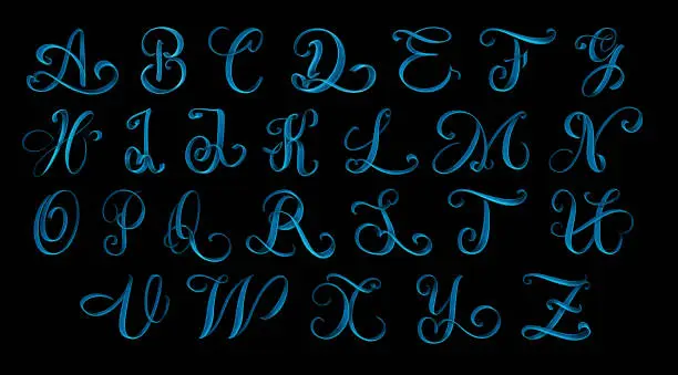 Photo of Full alphabet of uppercase letters hand drawn lettering isolated on black background - 3d illustration