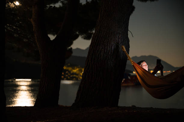 istock Young woman lying in a hammock browsing her mobile phone 1170442499