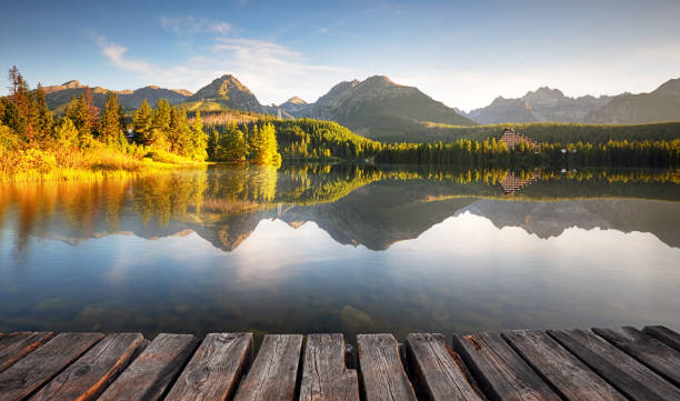 Mountain lake Strbske pleso and High Tatras national park, Slovakia - landscape Mountain lake Strbske pleso and High Tatras national park, Slovakia - landscape pleso stock pictures, royalty-free photos & images