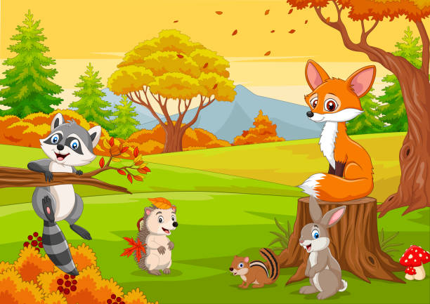 Cartoon wild animals in the autumn forest Vector illustration of Cartoon wild animals in the autumn forest porcupine hedgehog rodent animal stock illustrations
