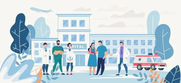 Vector illustration of Hospital Yard with Young Family and Medical Staff