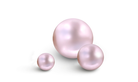 Pearl nacre background with three pink pearls in different sizes isolated on white background - 3D illustration