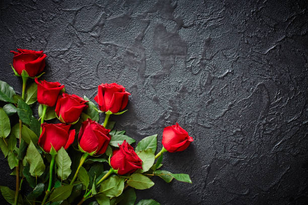 rose rosse su sfondo nero, strutturato, in pietra. posizione per il testo, visualizzazione superiore - new life death cemetery flower foto e immagini stock