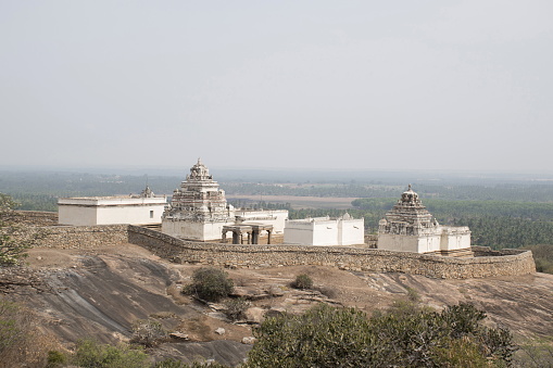 General view of Chandragiri hill temple complex, Sravanabelgola, Karnataka, India.