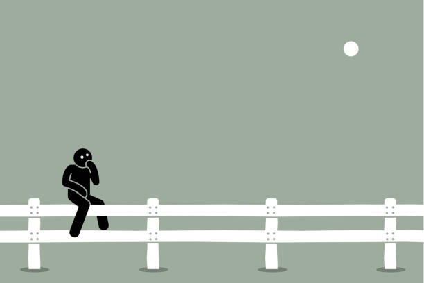 Man sitting on the fence. Vector artwork concept of undecided, indecisive, thinking, doubt, uncertain, and choosing options between two alternatives. person sitting on fence stock illustrations