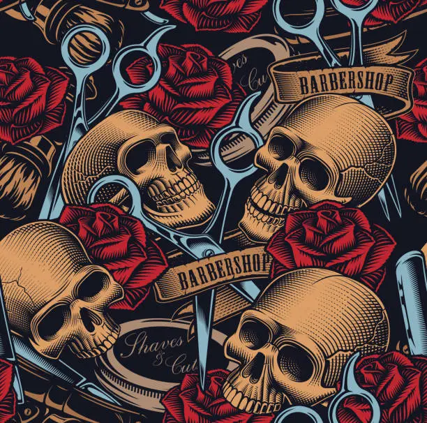 Vector illustration of Vector pattern with skulls on the theme of the barbershop