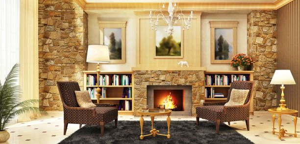 Dark living room loft with fireplace, industrial style, 3d render