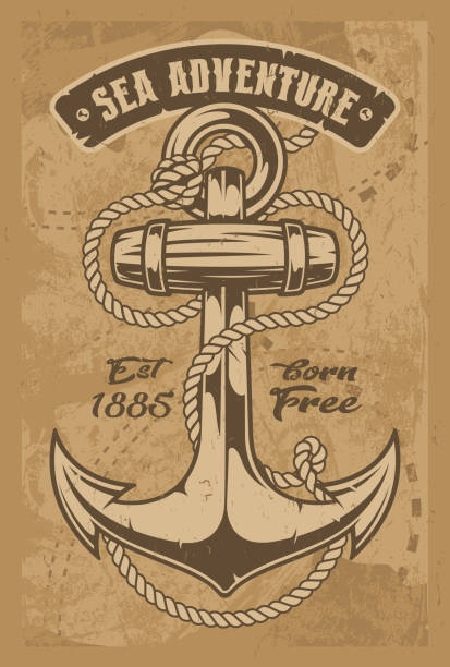 Vintage illustration of an anchor with rope. All elements and text are in separate groups.