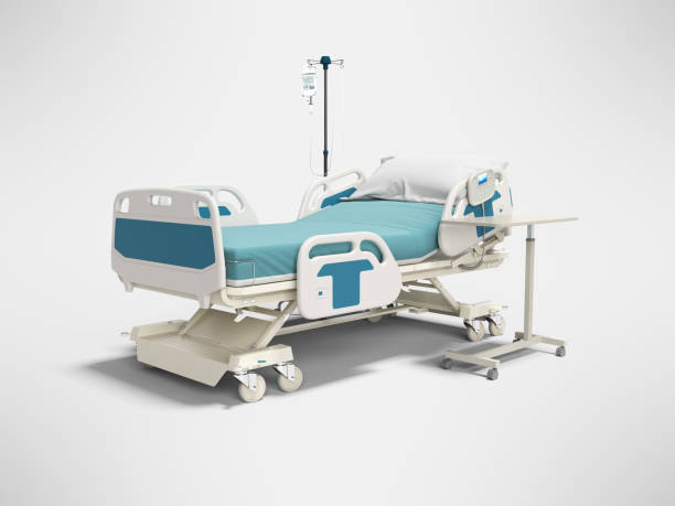 istock Concept hospital bed with electronic control from the console with dropper and table 3d render on gray background with shadow 1170454798