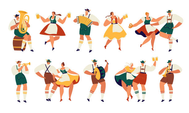 illustrazioni stock, clip art, cartoni animati e icone di tendenza di oktoberfest. divertenti personaggi dei cartoni animati in costumi popolari bavaresi della baviera celebrano e si divertono al festival della birra dell'oktoberfest. illustrazione vettoriale piatta del concetto di partito. - cultura tedesca
