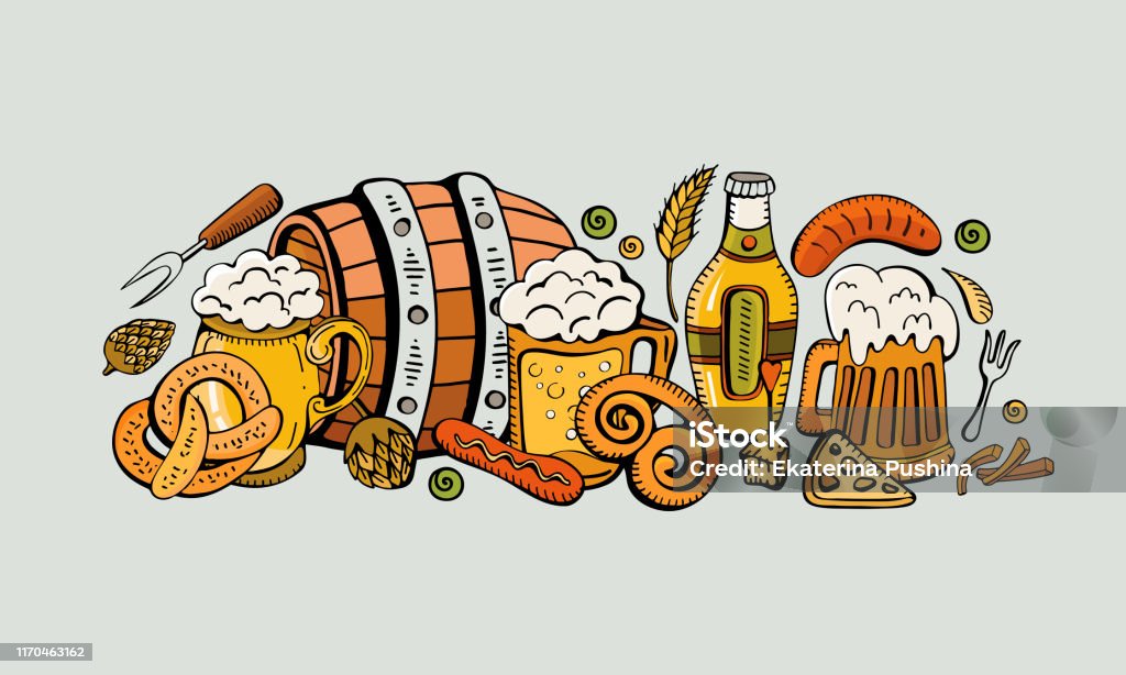 Overvind Indtægter Luscious Cartoon Cute Colorful Vector Hand Drawn Doodle Beer Fest Corporate Identity  Sausage Beer Barrel Pretzel Hops Sausage A Lot Of Subjects On The Subject  Of Beer Horizontal Design Banners Stock Illustration -