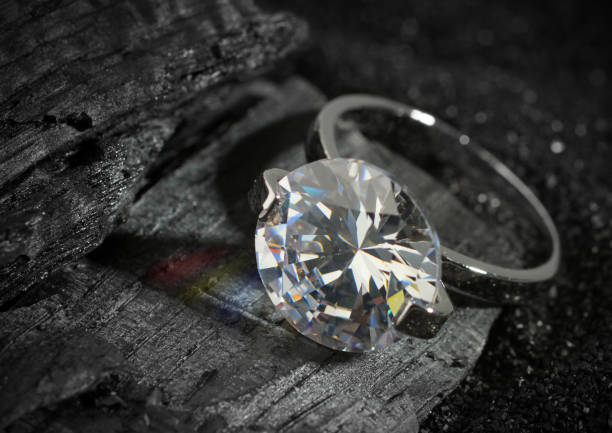 istock Jewelry ring with big diamond, on black coal texture background 1170463330