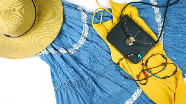 istock Boho Chic fashion layout flat lay with dress and accessories. 1170464616