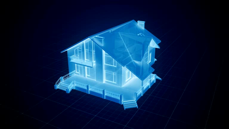 Holographic house being build on a grid in blue tone