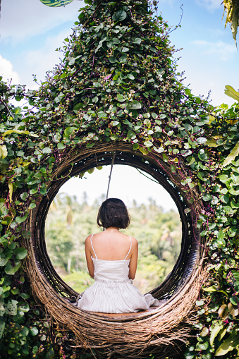 A female tourist is sitting on a large bird nest on a tree at Bali