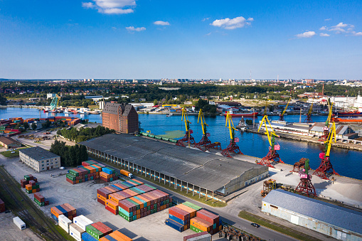 Kaliningrad, Russia - August 25 2019: Aerial view of the industrial port of the city