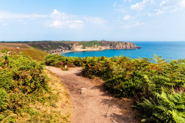 Scenic view of Cap Frehel area in Brittany Panoramic view over Cap Frehel and Fort La Latte, Brittany, France. Atlantic ocean french coast frehal photos stock pictures, royalty-free photos & images