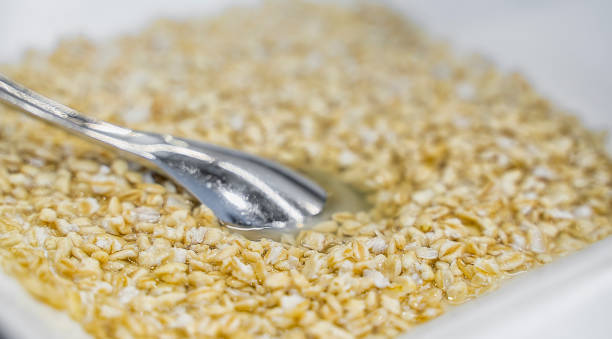 Breakfast cereal with oats in bowl stock photo