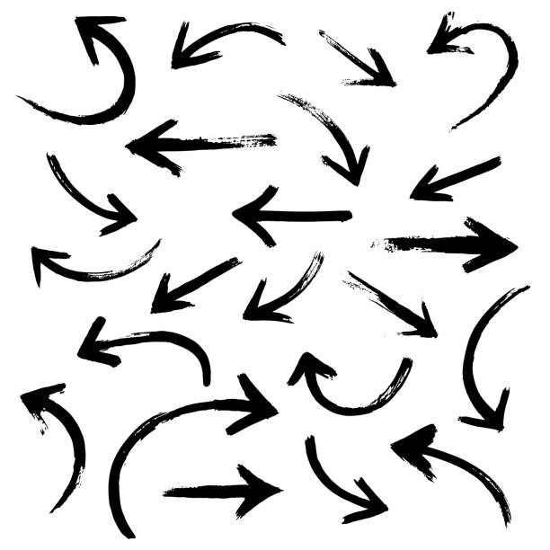 кисть инсульта набор черных стрелок - arrow sign circle arrowhead square shape stock illustrations
