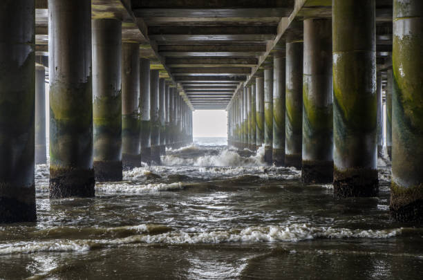Ocean waves under pier of Atlantic City beach during summer day.