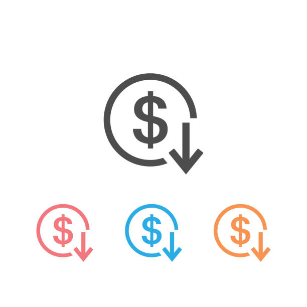 ilustraciones, imágenes clip art, dibujos animados e iconos de stock de la tasa de flecha hacia abajo del dólar disminuye el icono del conjunto de datos de financiamiento del valor del precio, el negocio en alza. vector - low paid