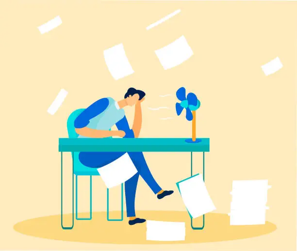 Vector illustration of Office Worker Overwhelmed by Paperwork and Tasks